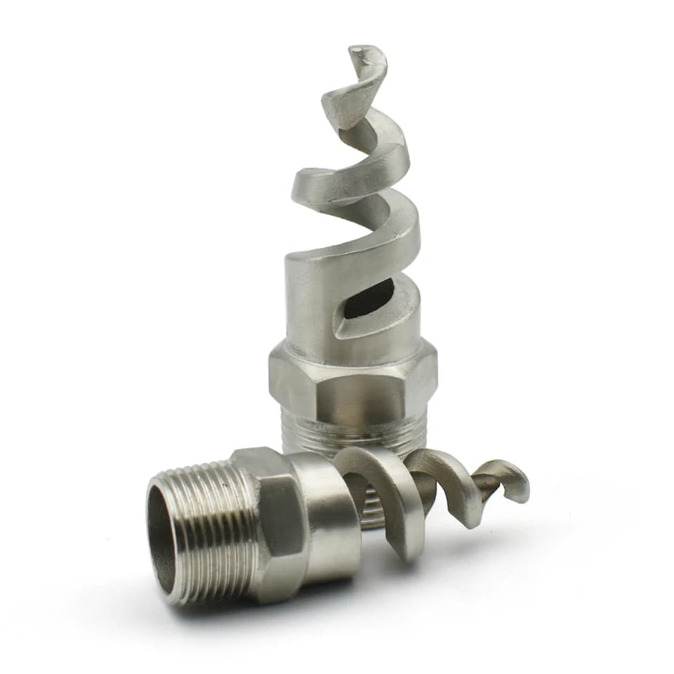 Stainless 304 Steel Spiral Cone Atomising Nozzle: two identical metal spiral nozzles on white.