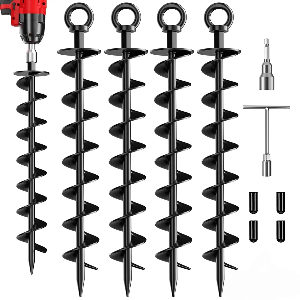 Heavy Duty Ground Anchor 4-Pack: multiple identical anchors and accessories on white.