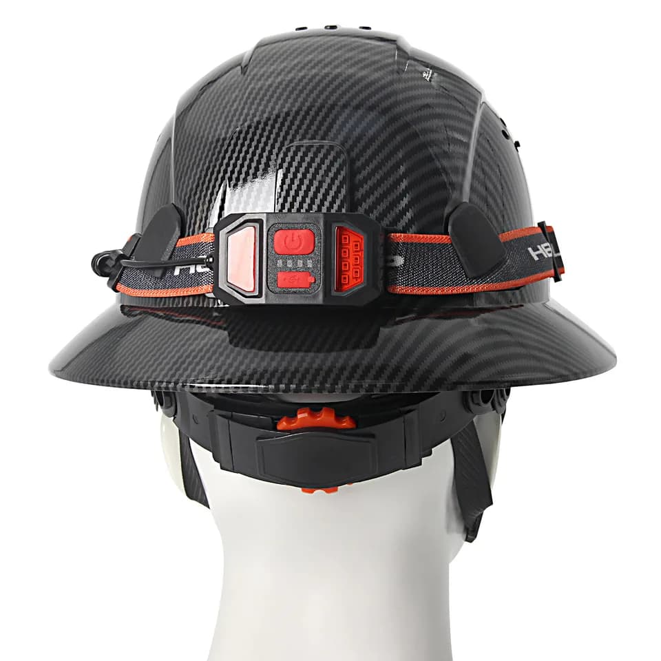 Carbon Fibre Full Brim Hard Hat | Headlamp Included | Anti-Collision Work Safety - Thumbnail 4