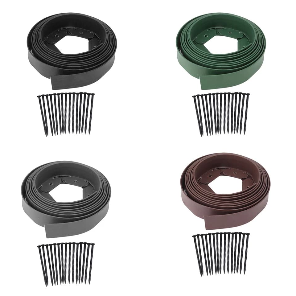 Panacea Metal Landscape Edging Kit in four distinct colour variants with stakes.