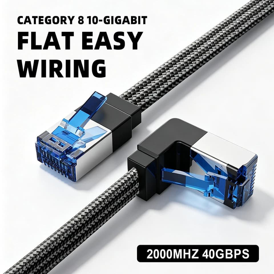 Cat8 Ethernet Cable | 90-Degree Flat RJ45 40Gbps 2000MHz | Router PC PS4 TV Laptop - Thumbnail 2