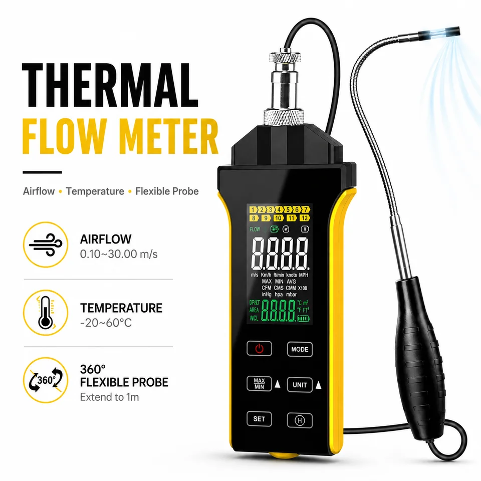 Digital Hot Wire Anemometer | Flexible Probe Airflow Meter | CFM/CMM Wind Speed & Temp - Thumbnail 2