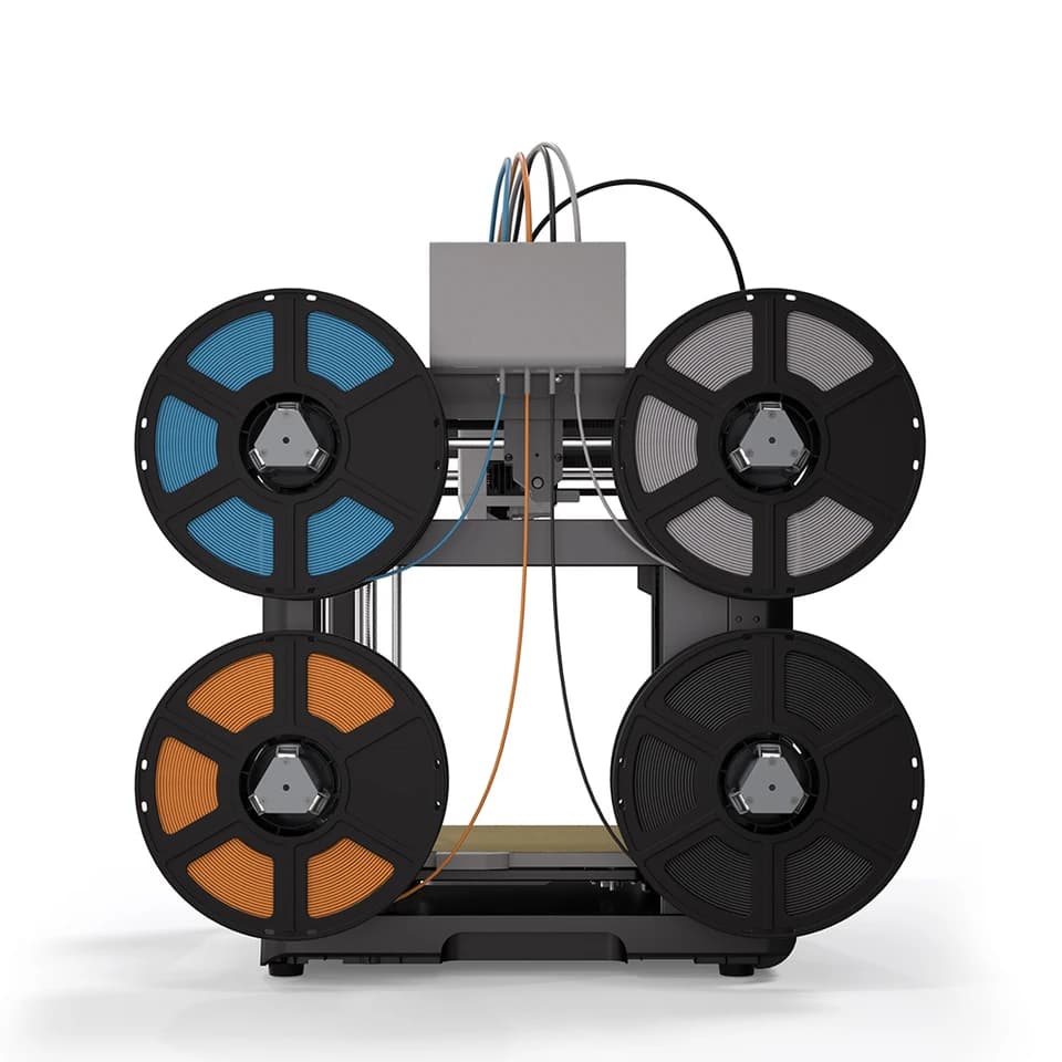 FLASHFORGE AD5X 3d printer with multiple filament spools on a white background.
