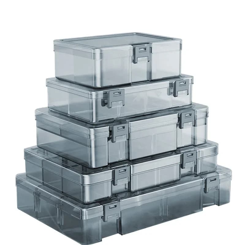 Multifunctional transparent plastic tool box with thickened walls, high hardness construction, and pressure-resistant classified storage compartments.