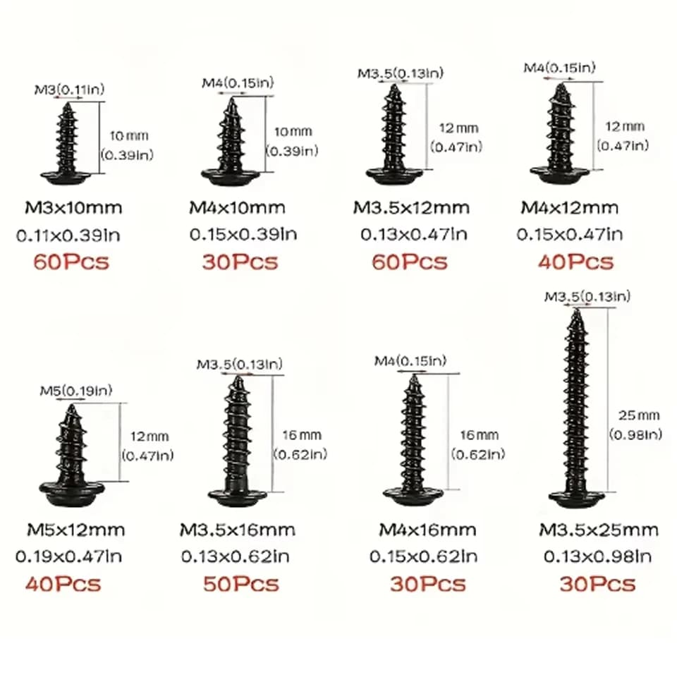 Self Tapping Screws Set | M3-M5 Pan Head Phillips | Black Carbon Steel for Wood - Thumbnail 2