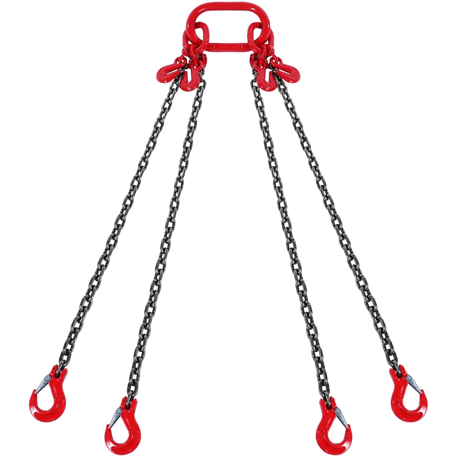 SucceBuy G80 lifting chain sling with 4 legs, grab hooks, and adjusters for industrial hoist and engine lifting.