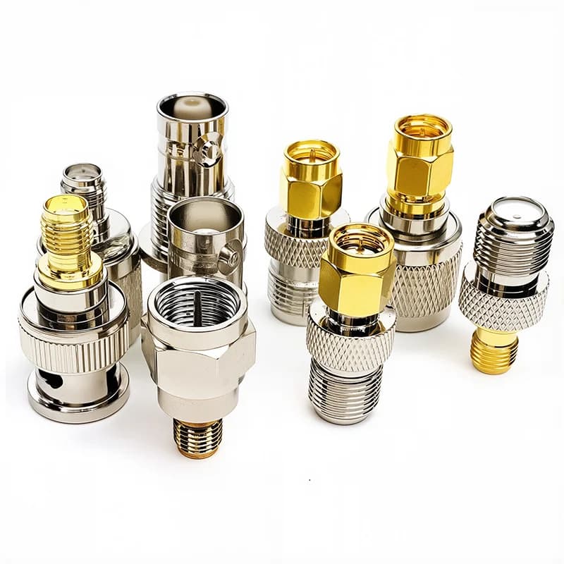A set of 5 SMA to F TV female and male straight connectors, including RPSMA to F quick plug adapters, useful alongside a spark plug socket.