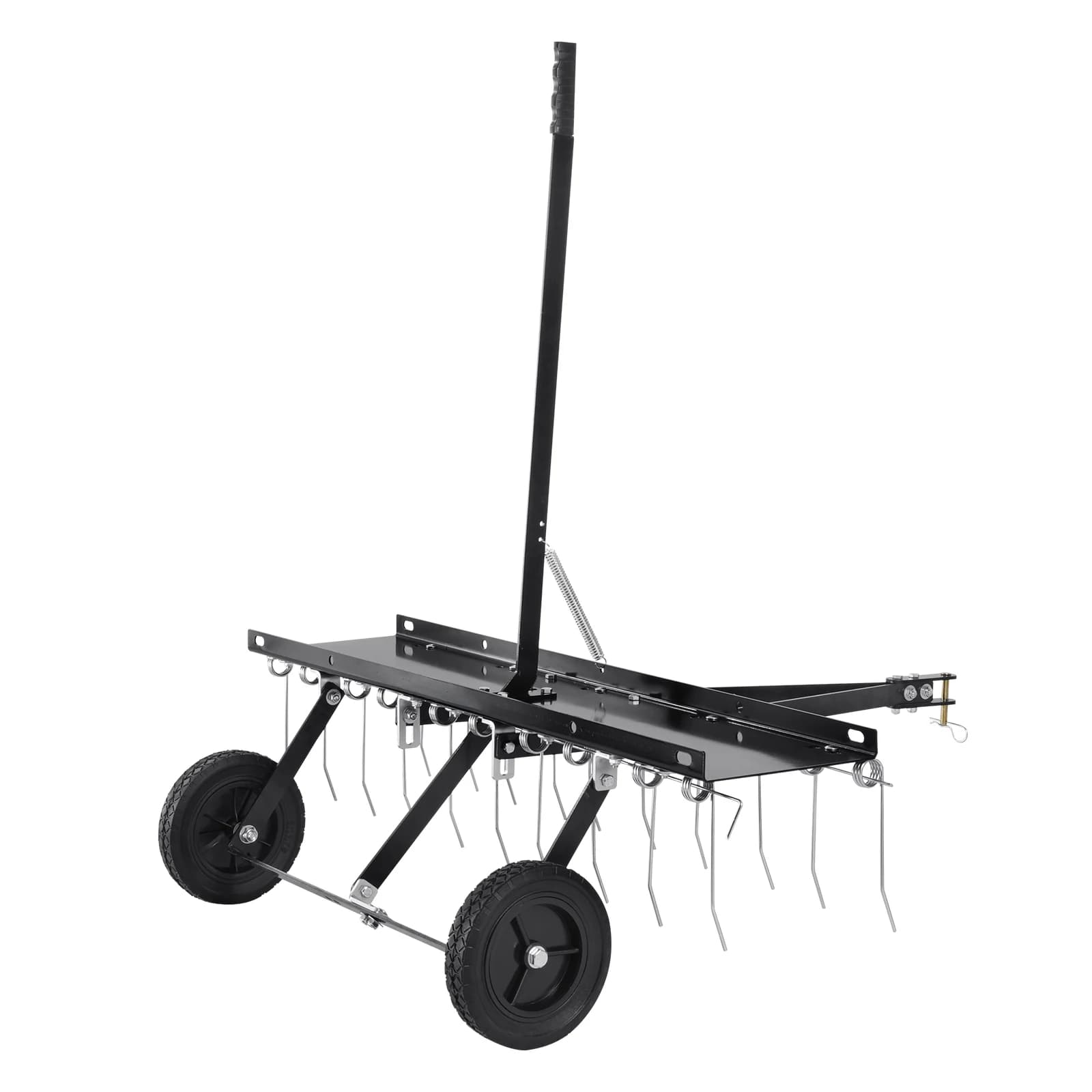 SucceBuy 40-inch tow-behind dethatcher with 20 spring steel tines, designed for attachment to ATVs or mowers to remove thatch from lawns.