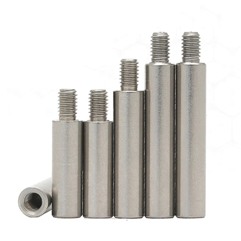 Set of stainless steel hex standoff spacers with male-to-female threading, suitable for creating precise gaps in assemblies.