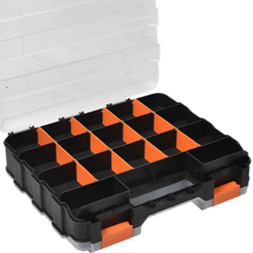 Double-sided portable tool organizer box with multiple compartments for screws, nuts, and small parts storage.