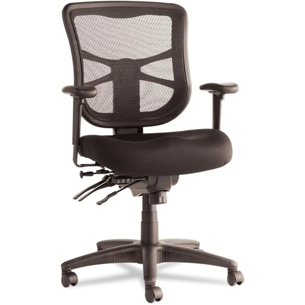Black mesh mid-back multifunction office chair with adjustable arms, tilt control, and breathable fabric for all-day comfort.