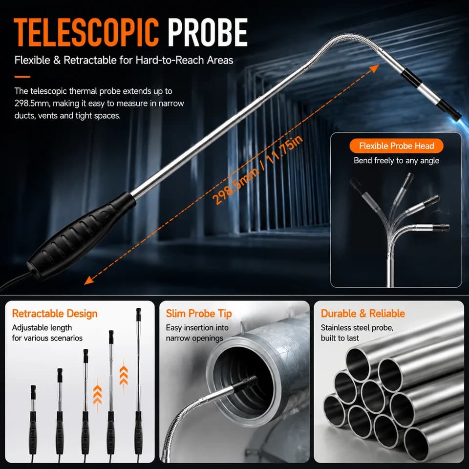 BTMETER 9000F Anemometer | Telescopic Probe Air Flow Meter | HVAC Wind Speed Tester - Thumbnail 4