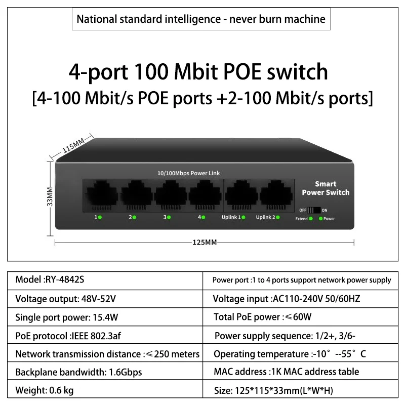 4-Port PoE Network Switch | 100Mbps IEEE 802.3 AF/AT | IP Camera & AP Supply - Thumbnail 2