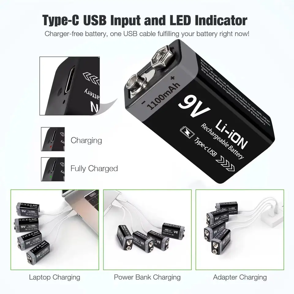 Rechargeable 9V Li-ion Battery for Multimeters | 1100mAh Type-C | RC Model 6F22 - Thumbnail 4