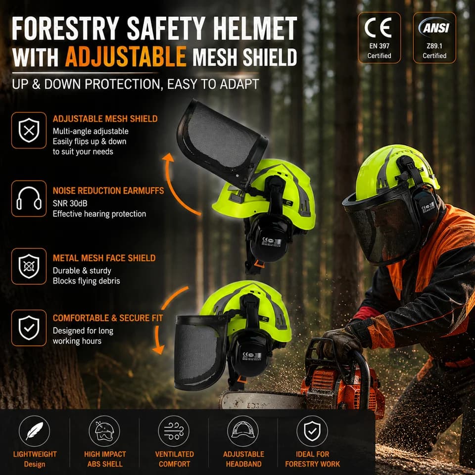 Forestry Hard Hat | 3-in-1 Chainsaw Safety | Mesh Visor & Earmuffs - Thumbnail 7