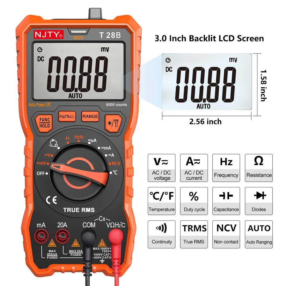 Digital Multimeter T28B | 20A TRMS, 6000 Counts | Voltage, Amp, Resistance - Thumbnail 5