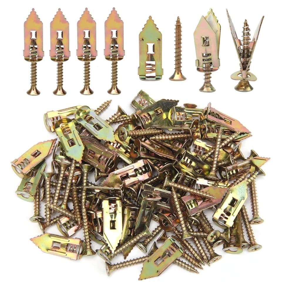Plasterboard fixings: pile of anchors and screws, individuals displayed on white.