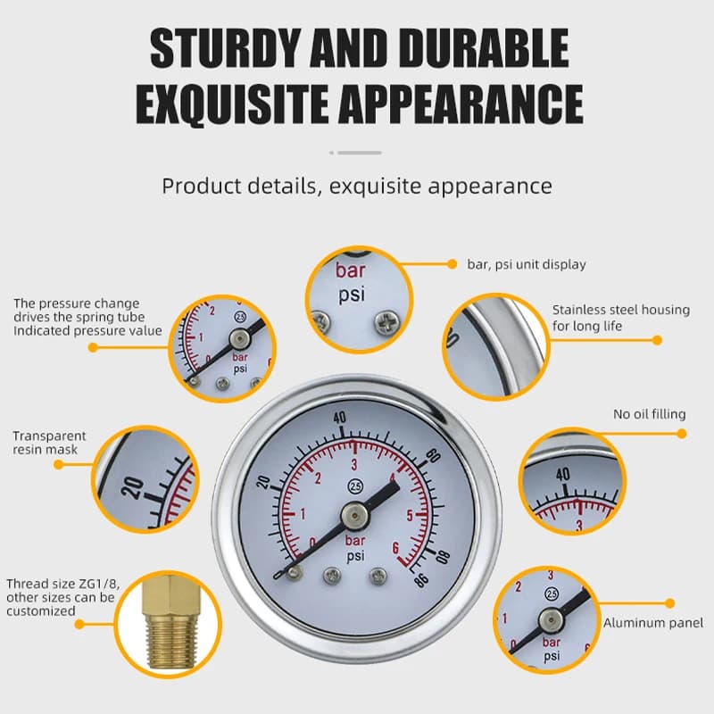 40mm Liquid Filled Pressure Gauge for hot water pressure reducing valve | Back Connection | Stainless Steel Case - Thumbnail 3