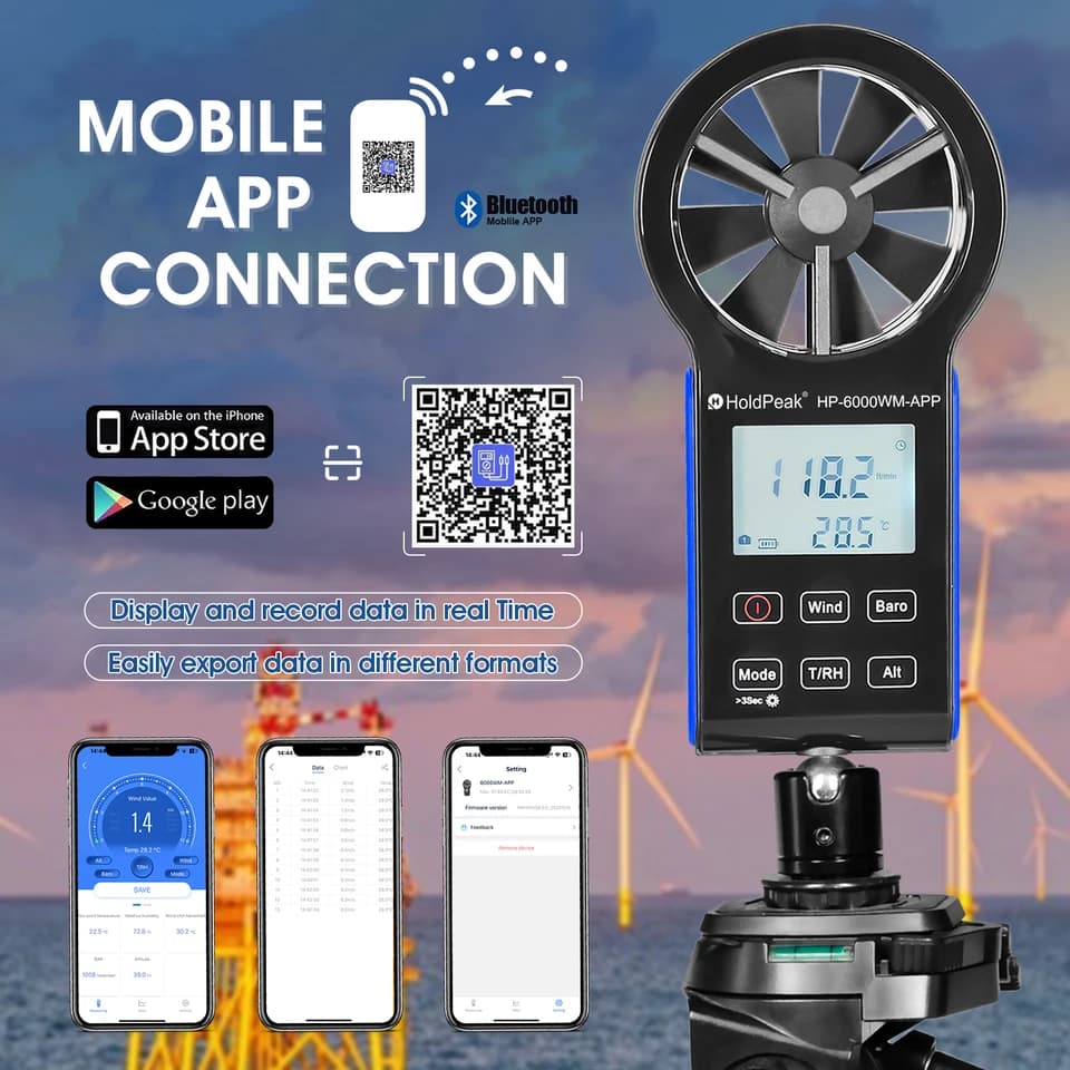 HoldPeak 6000-WM-APP Anemometer | Bluetooth Wind Flow Meter | Waterproof & Dustproof - Thumbnail 6