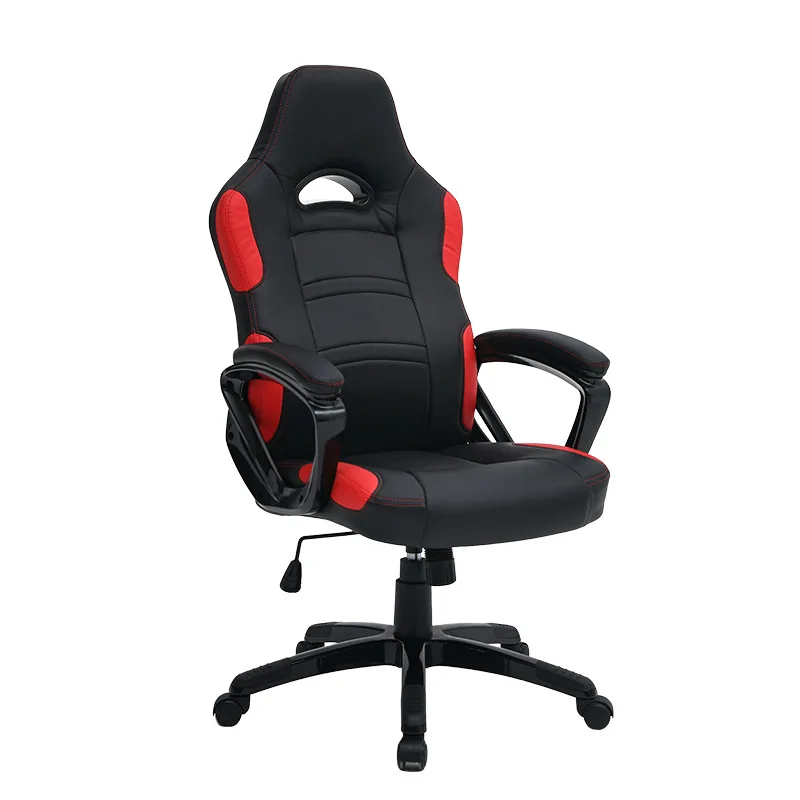 Red racing-style gaming chair with PU leather upholstery, reclining back, adjustable lumbar support, headrest, and armrests.