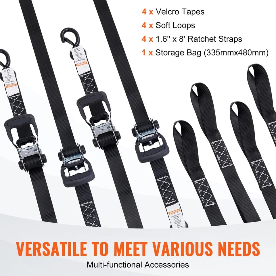 4x Ratchet Tie-Down Straps | Padded Handles & Hook | Cargo & Motorcycle Securing - Thumbnail 6