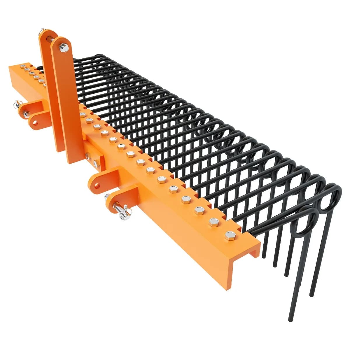 72-inch pine straw rake with steel spring tines, designed as a three-point hitch attachment for Category 0 and 1 tractors.