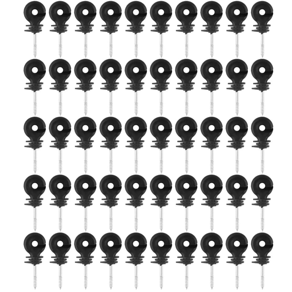 Electric fence insulators: multiple black screw-in bases in a grid on white.
