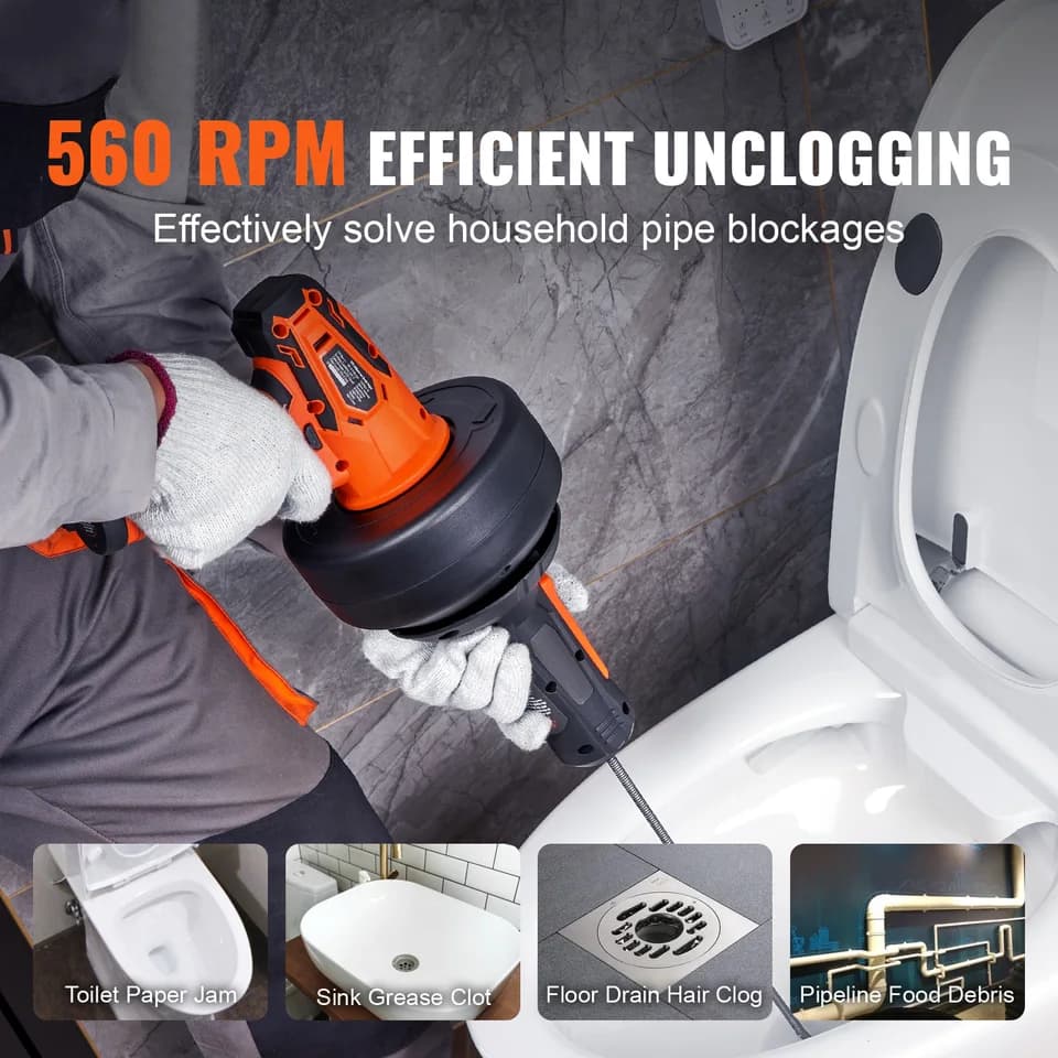 12V Cordless Drain Snake | 25ft Auto-Feed Plumbing Auger | Clog Remover 2.0Ah - Thumbnail 3