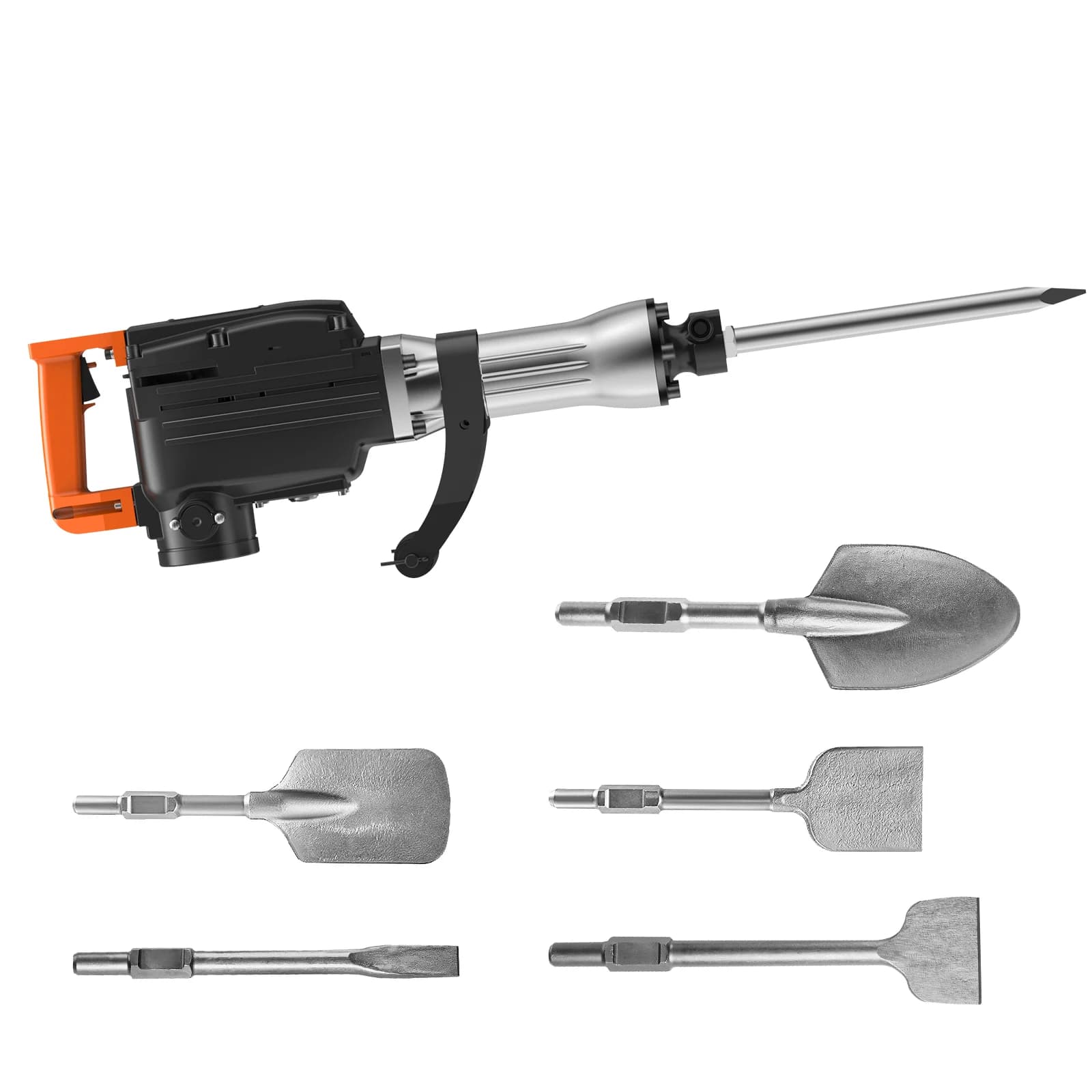 SucceBuy 2200W Electric Demolition Jackhammer with 6 chisel bits and heavy-duty carrying case, a powerful concrete breaker tool.