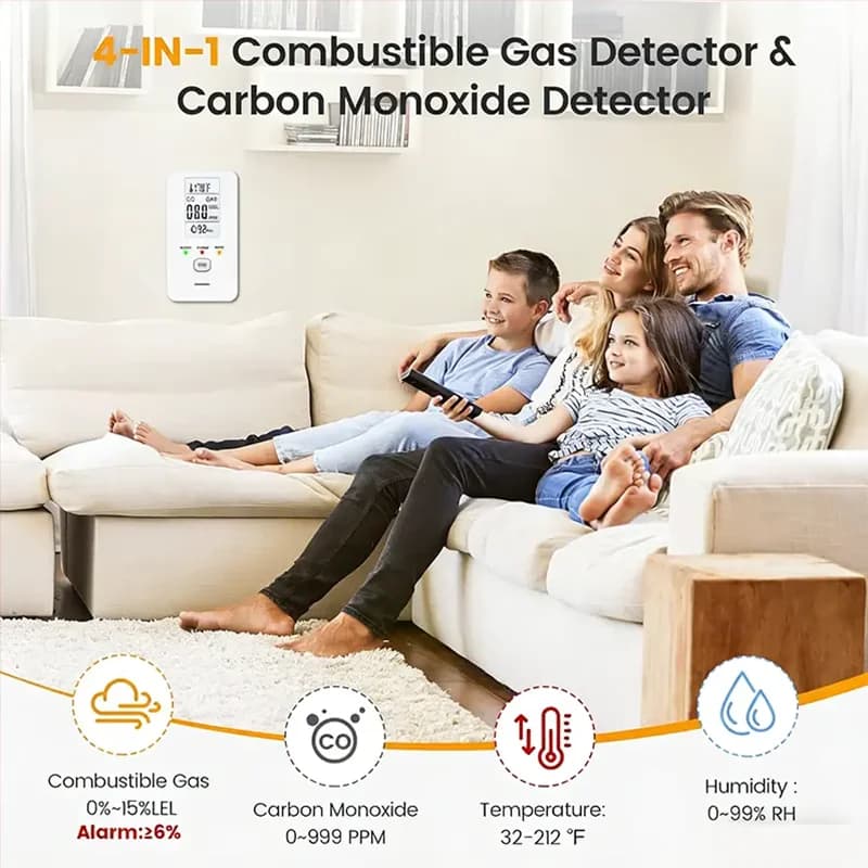 4-in-1 Carbon Monoxide Detector | CO & Natural Gas Alarm | Plug-in Temp & Humidity - Thumbnail 3