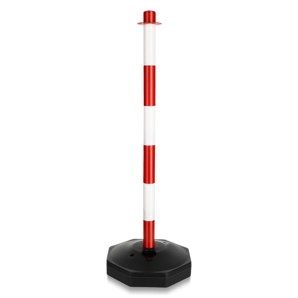 Traffic Barricade: single red and white striped pole with black base on white background.