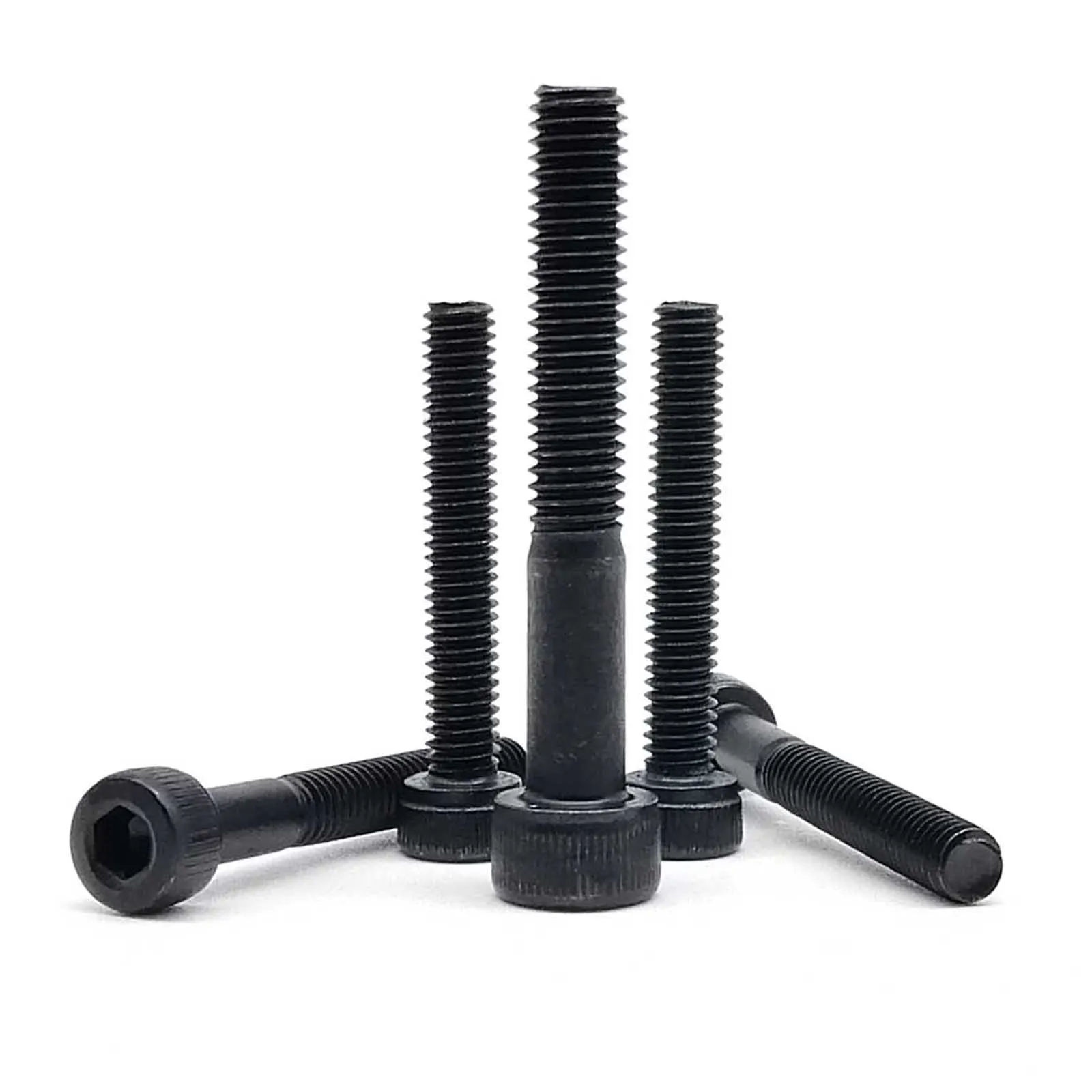Assortment of black alloy steel hex socket cap head screws in various metric sizes (M2 to M8), Grade 12.9, with DIN912 specification.