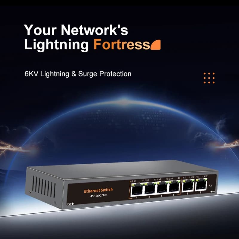 6-Port Multi-Gigabit Network Switch | 4x 2.5Gb + 2x 10Gb RJ45 | High-Speed Data Networking - Thumbnail 6