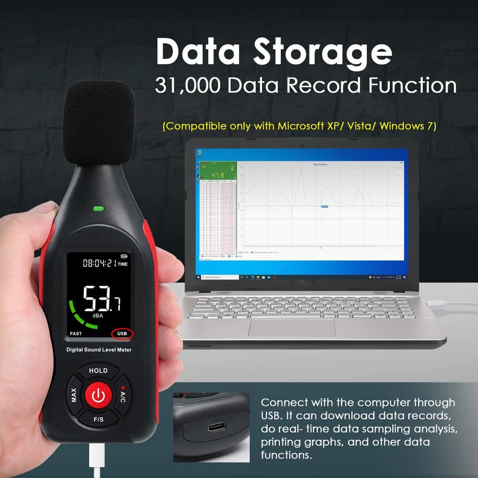 Decibel Meter | 31,000 Data Record & Hi/Lo Alarm | A/C Weighted, Colour Display - Thumbnail 4