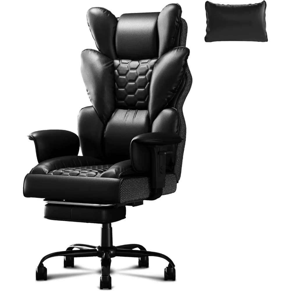Executive ergonomic office chair with high-back support, PU leather upholstery, reclining function, and integrated footrest for premium comfort.