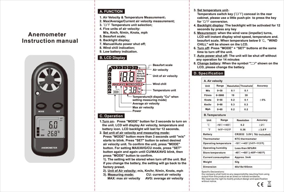 Digital Pocket Anemometer | 0-30m/s Wind Speed Meter | LCD Backlight Airflow - Thumbnail 6