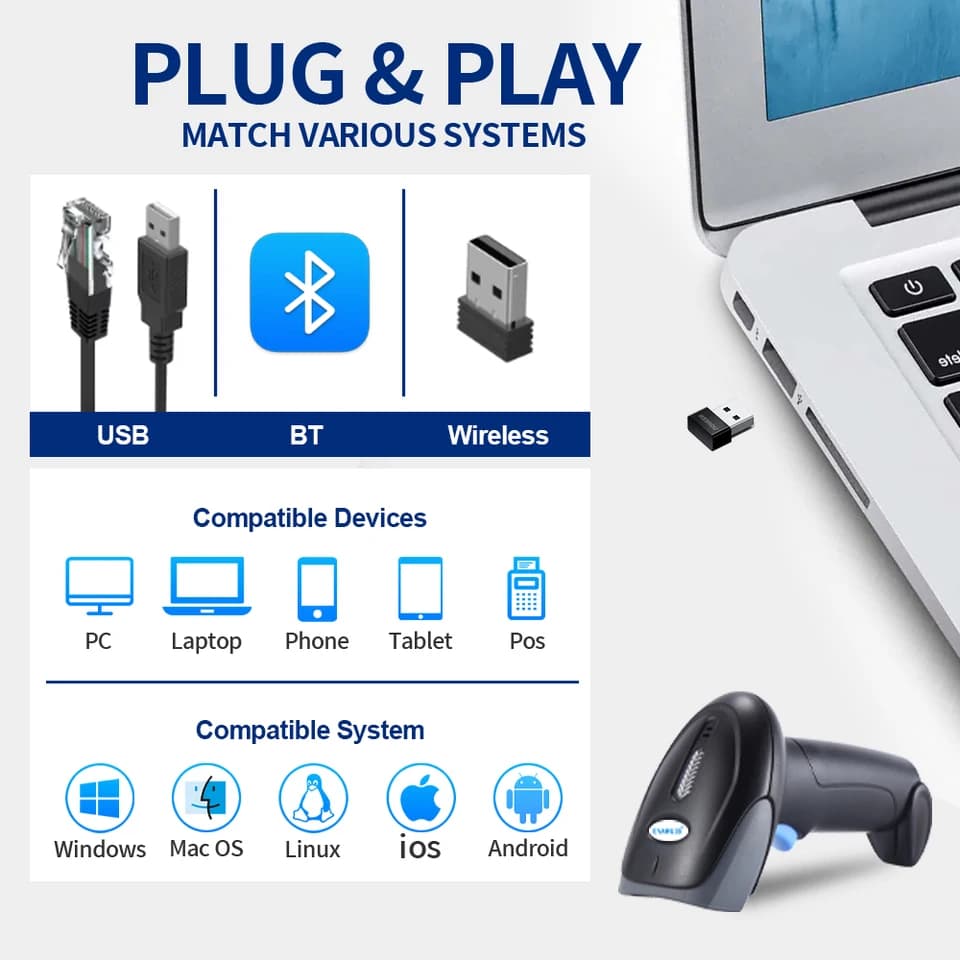 Handheld Barcode Scanner | Wired & Wireless 1D/2D QR | For POS & Inventory - Thumbnail 4