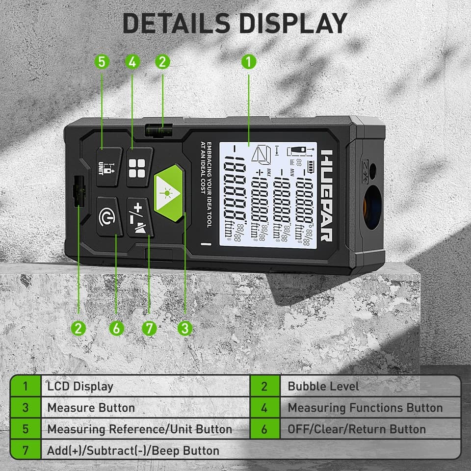 Huepar Laser Measure | 50-120m Digital Rangefinder | M/in/Ft Unit Test Tool - Thumbnail 5