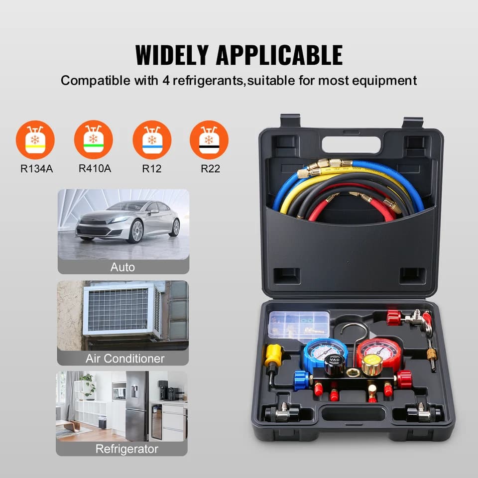 AC Recharge Kit | 4-Way Manifold Gauge Set with 5ft Hoses | R134a R410a - Thumbnail 3