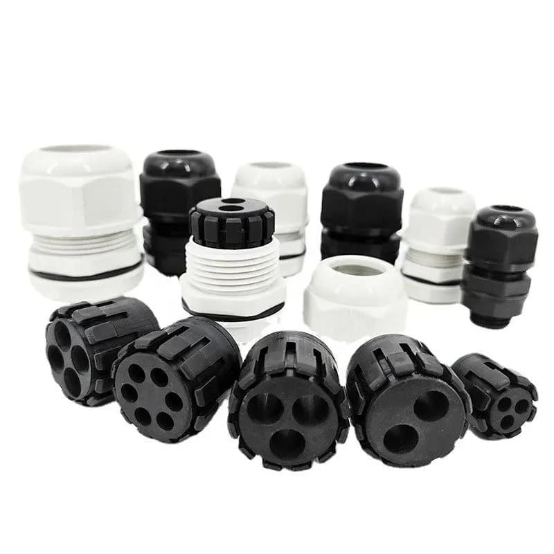 Waterproof IP68 Nylon Cable Gland with multiple hole inserts for organizing and sealing metric electrical cables.