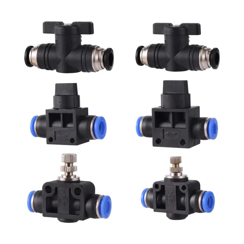 HVFF SA BUC manual ball valve push-in fitting for 4mm to 12mm pneumatic tubing, shown with a red hand switch.