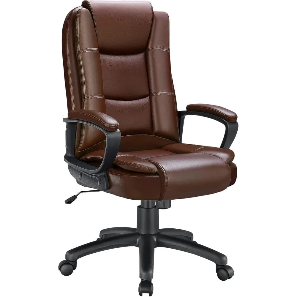 High-back executive office chair with ergonomic design, adjustable padded armrests, and PU leather upholstery for big and tall users.