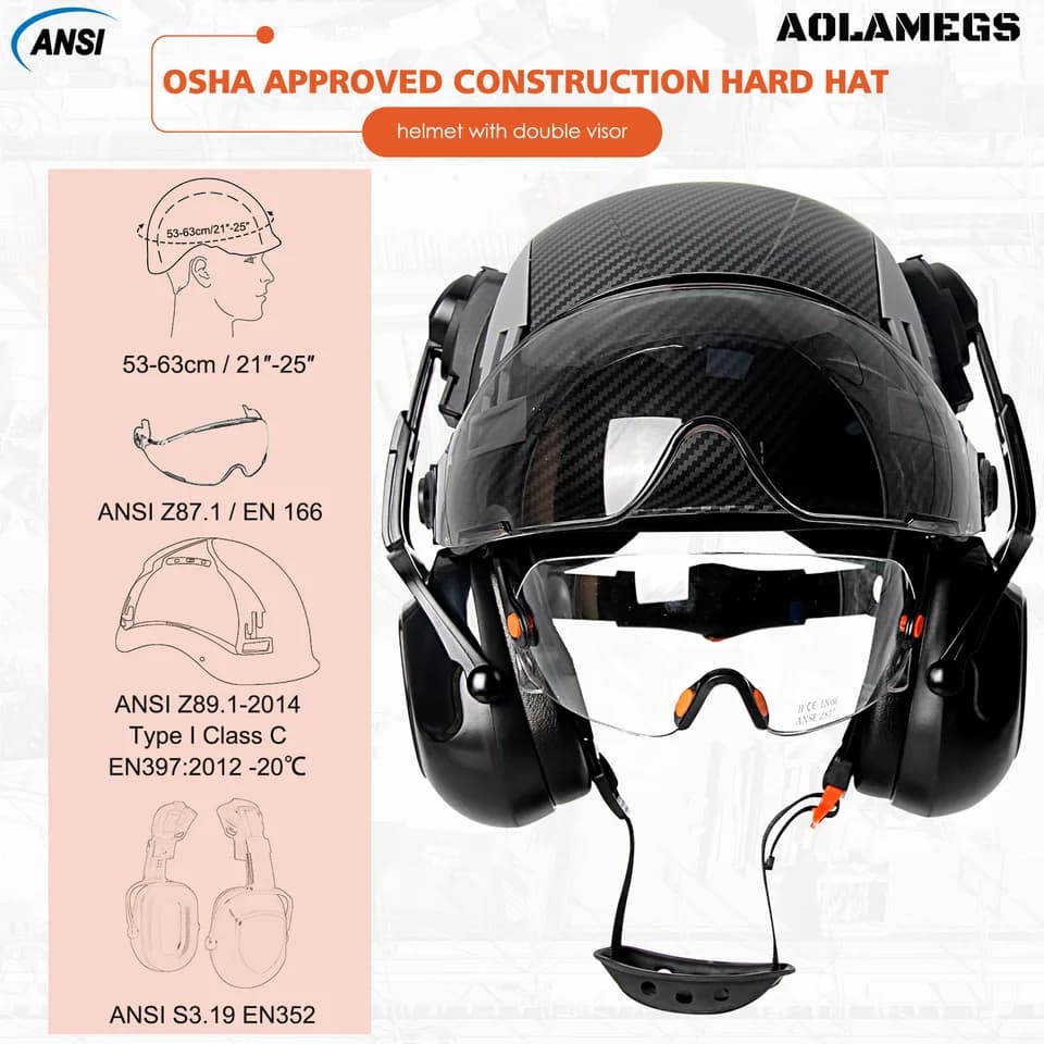Safety Construction Helmet | Carbon Fibre, Vented | Goggles & Earmuffs - Thumbnail 3