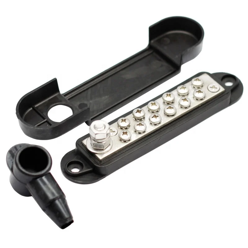 12V 250A power distribution block with 12 terminals and included ring connectors for clean automotive or marine electrical wiring.