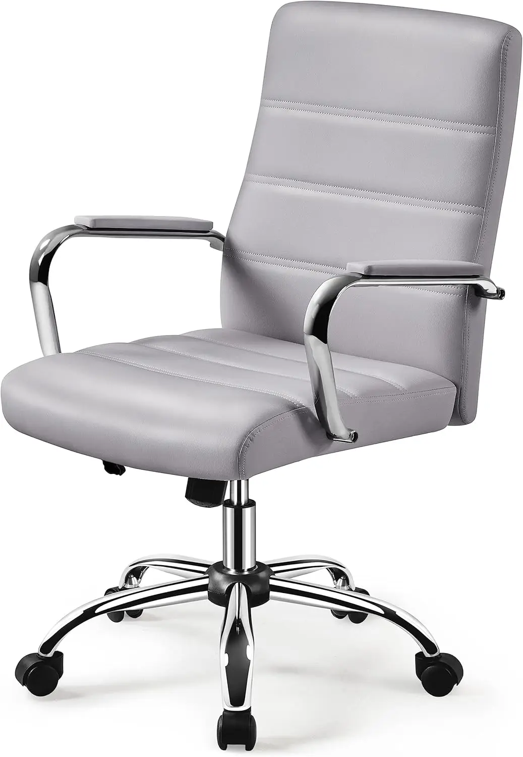 Adjustable swivel office chair with PU leather upholstery, height control, and padded armrests for comfortable desk work.