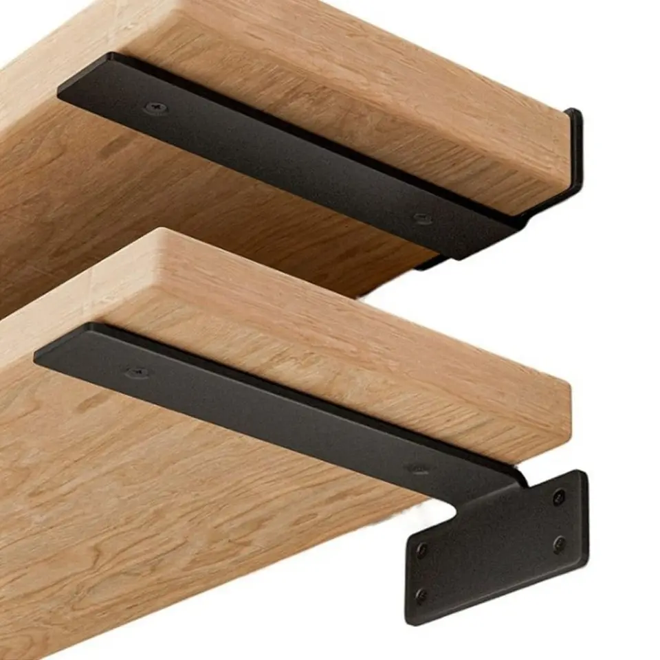 Heavy Duty Floating Shelf L Brackets supporting two wooden shelves on a white background.