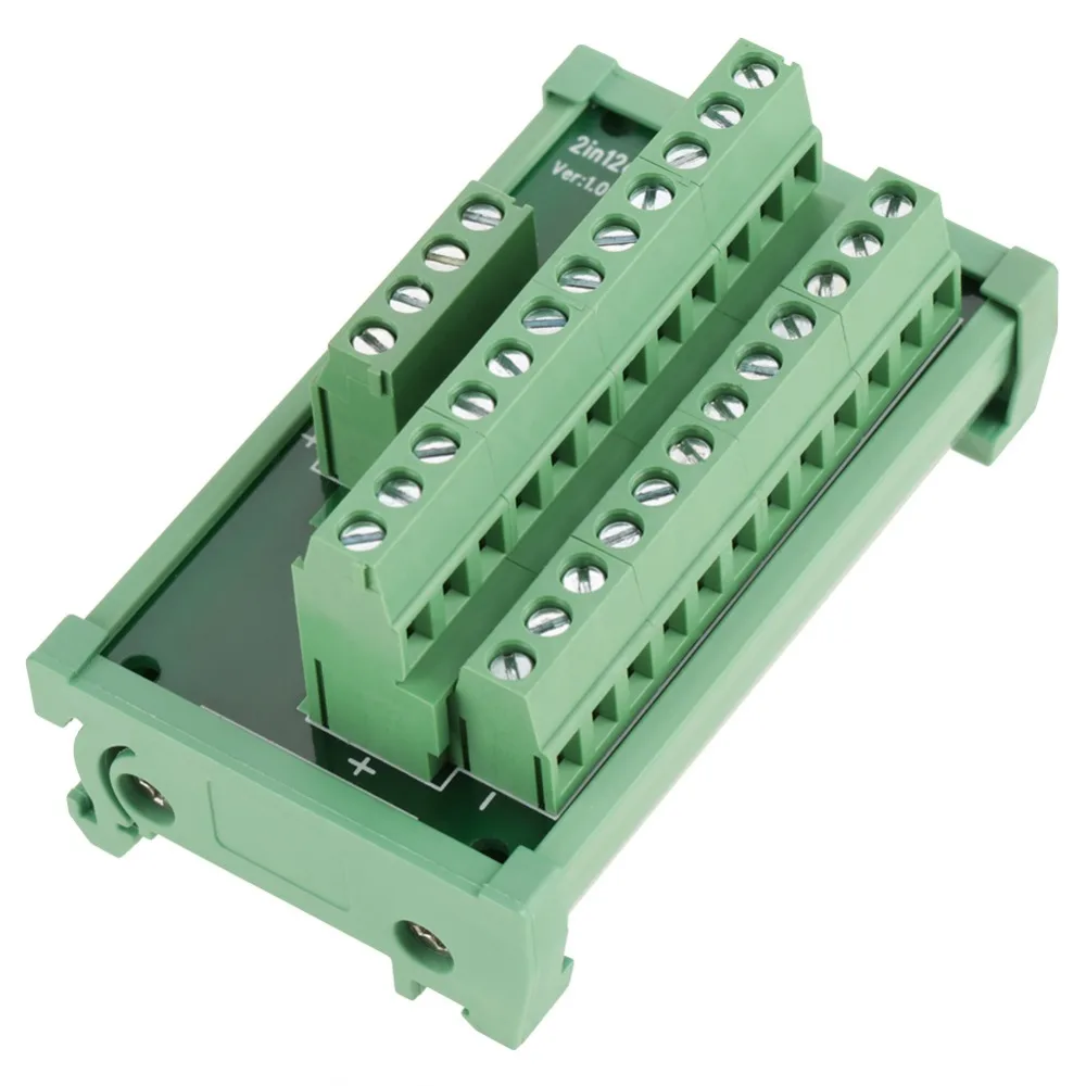 12 position DIN rail mount interface module with screw terminal blocks for PLC power distribution and breakout board applications.