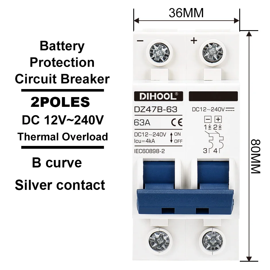 DIHOOL Miniature Circuit Breaker | 24-96V DC Overload Protection | 6A-100A Range - Thumbnail 4