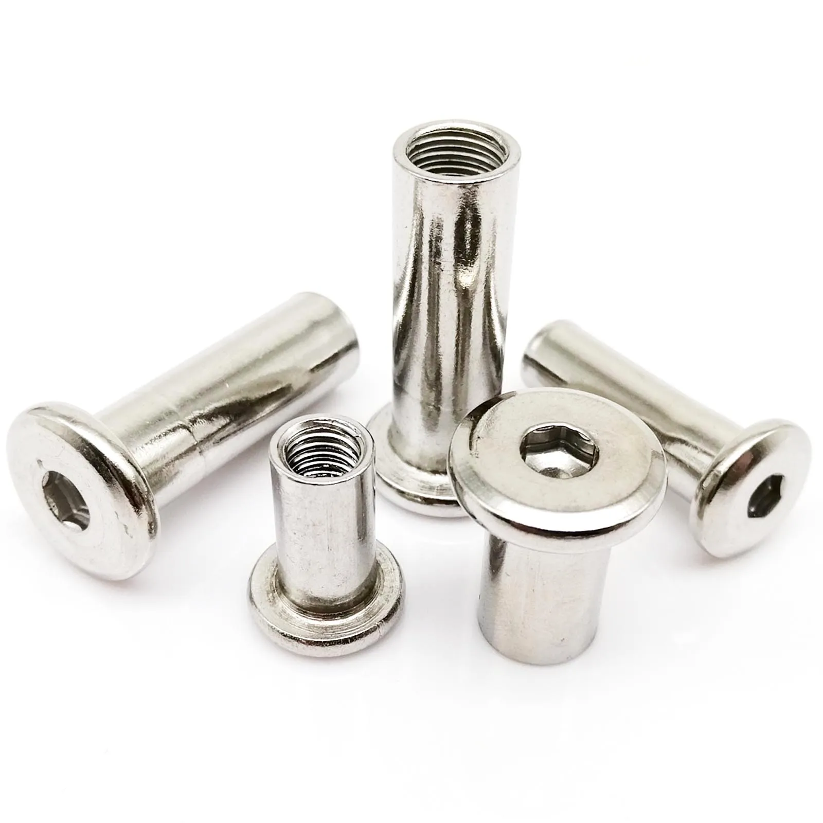 Assortment of 304 stainless steel large flat hex socket head furniture rivet connectors and joint sleeve cap nuts in sizes M3 to M10.