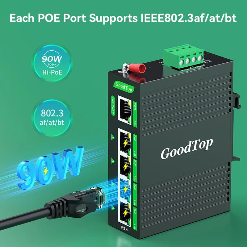 Industrial Network Switch 5-Port Gigabit | DIN Rail 120W BT90W PoE | Plug & Play - Thumbnail 4